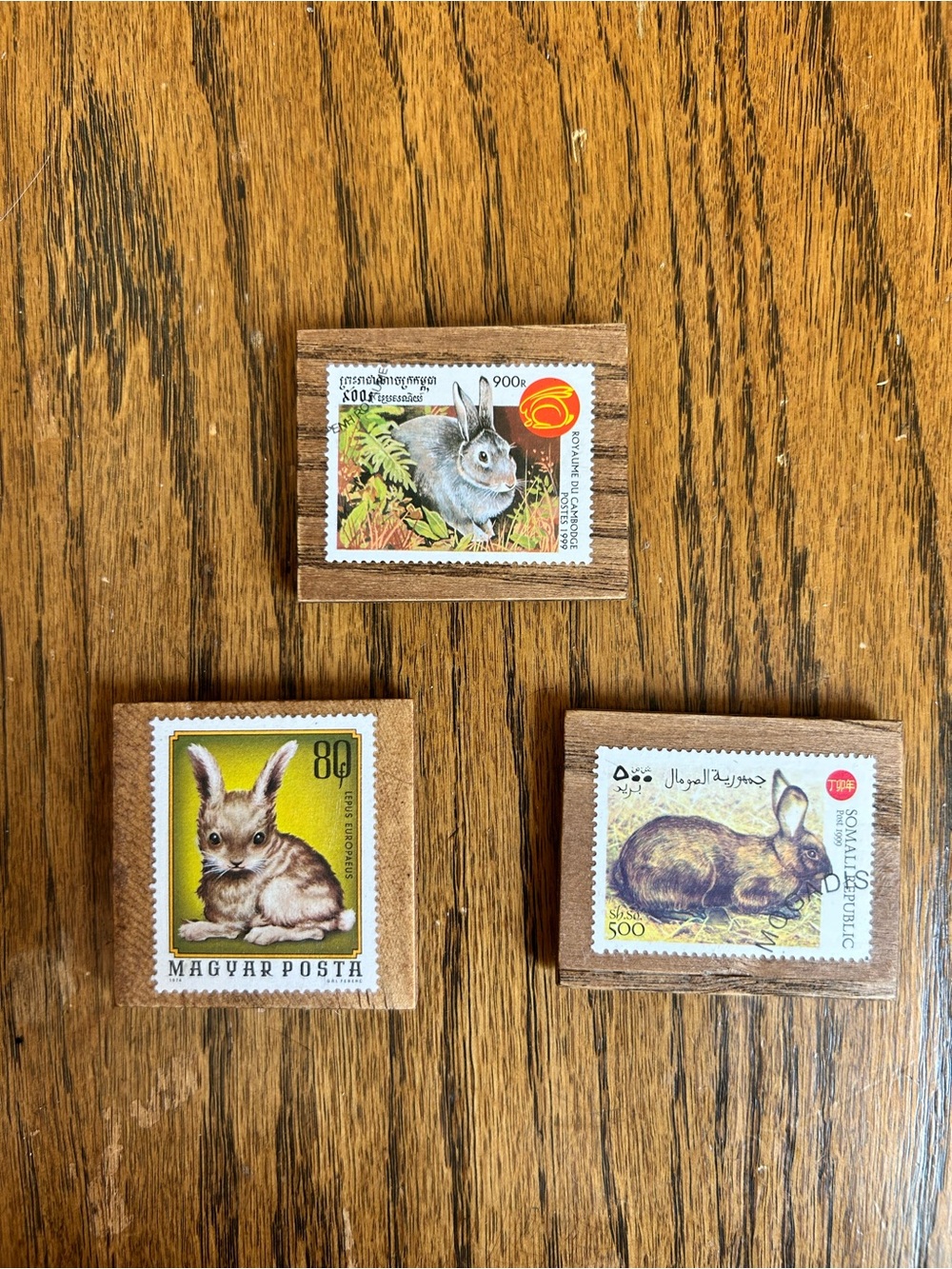 Handmade Vintage Postage Stamp Magnets On Wood • Bunnies